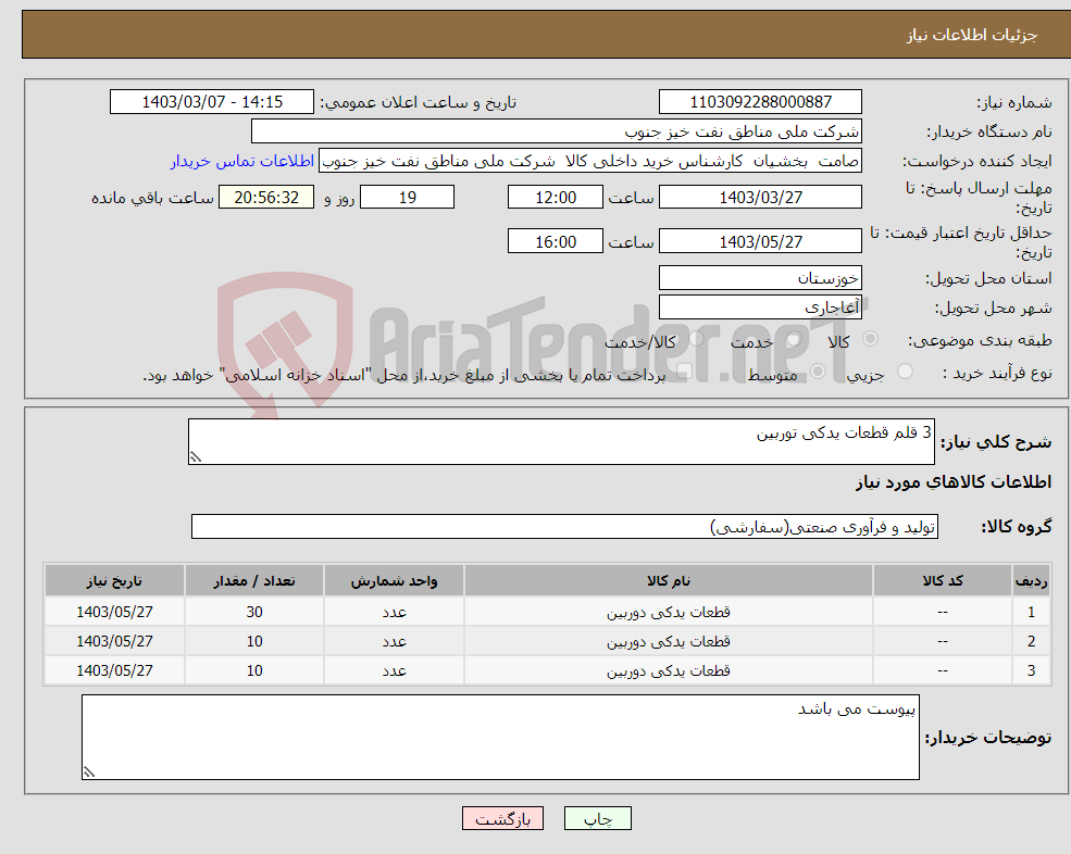 تصویر کوچک آگهی نیاز انتخاب تامین کننده-3 قلم قطعات یدکی توربین 