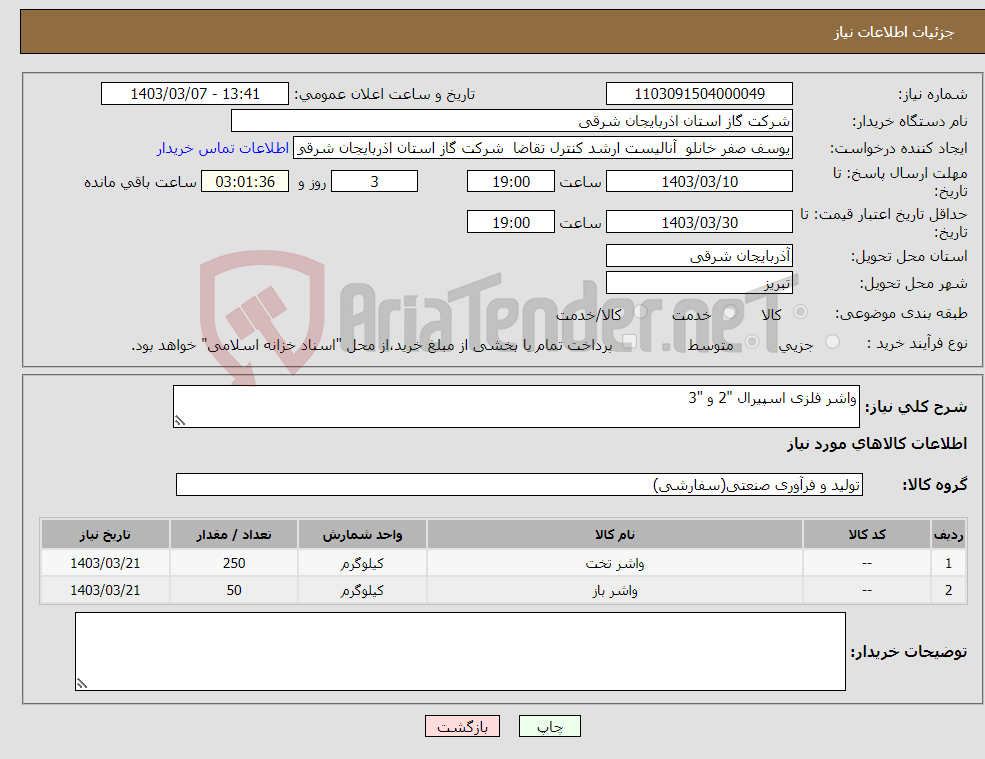 تصویر کوچک آگهی نیاز انتخاب تامین کننده-واشر فلزی اسپیرال "2 و "3