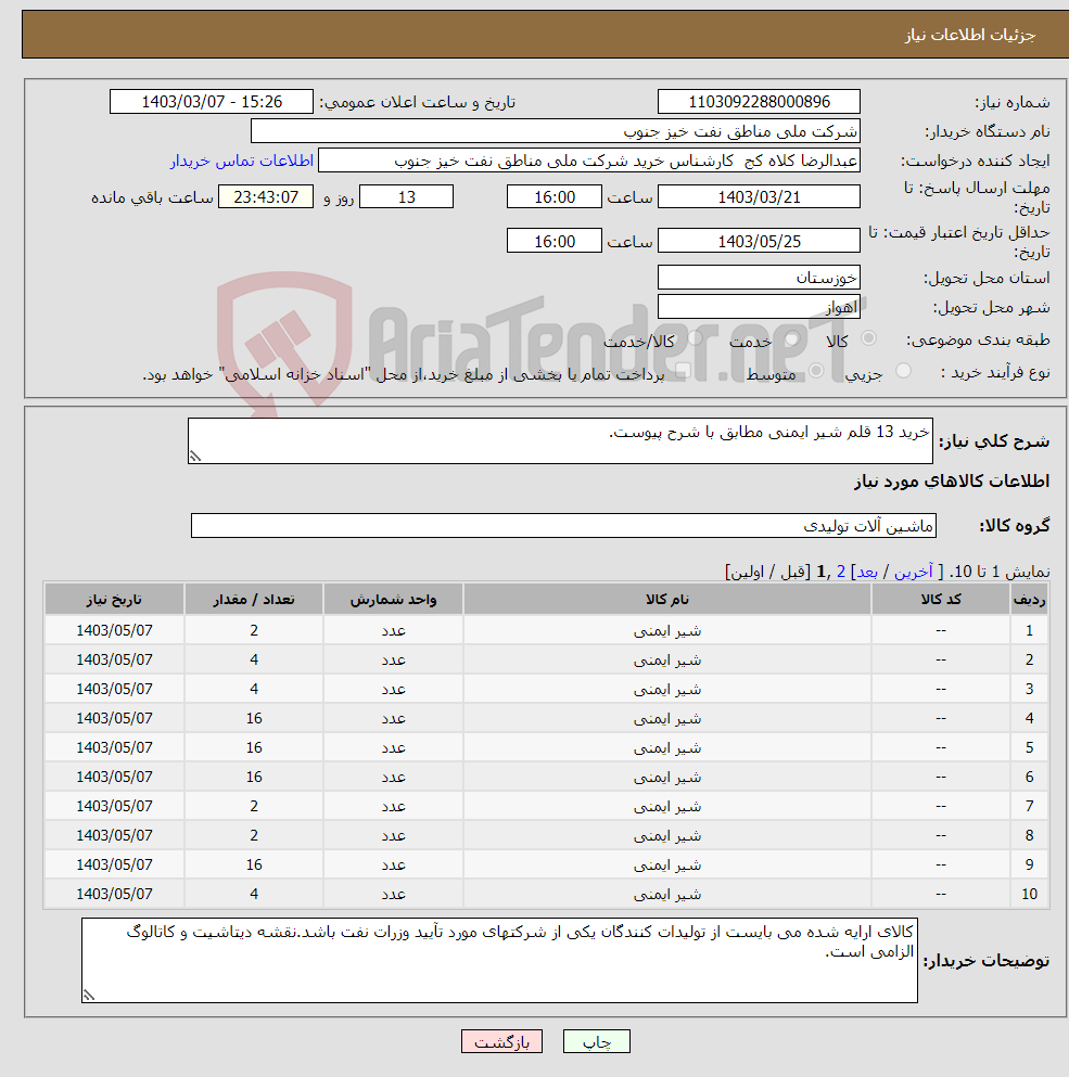 تصویر کوچک آگهی نیاز انتخاب تامین کننده-خرید 13 قلم شیر ایمنی مطابق با شرح پیوست.