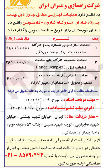 تصویر کوچک آگهی احداث مجموعه کارگاه های ساخت قطعات فلزی Shop Complex