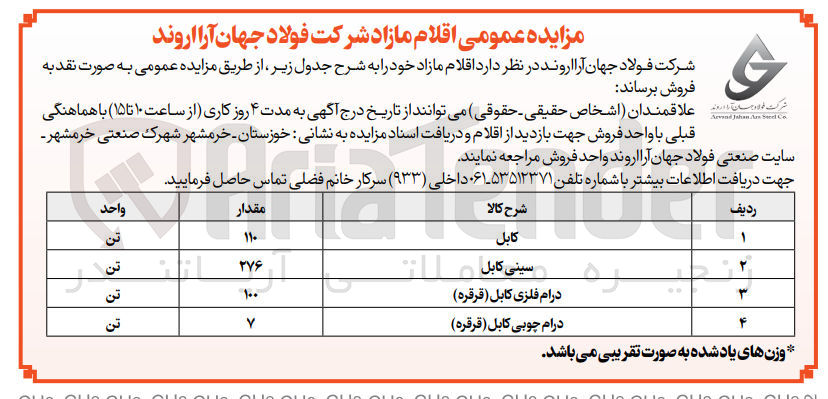 تصویر کوچک آگهی فروش اقلام مازاد در 4 ردیف شامل :
کابل - سینی کابل - درام فلزی کابل - درام چوبی کابل 