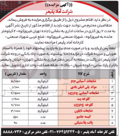 تصویر کوچک آگهی فروش اقلام در 8 ردیف :
پالت پلاستیک - کیسه جامبو-ضایعات نایلون -کلوخه پت و.....