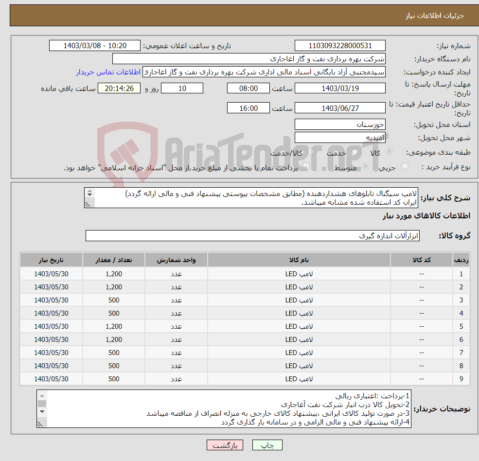 تصویر کوچک آگهی نیاز انتخاب تامین کننده-لامپ سیگنال تابلوهای هشداردهنده (مطابق مشخصات پیوستی پیشنهاد فنی و مالی ارائه گردد) ایران کد استفاده شده مشابه میباشد. 