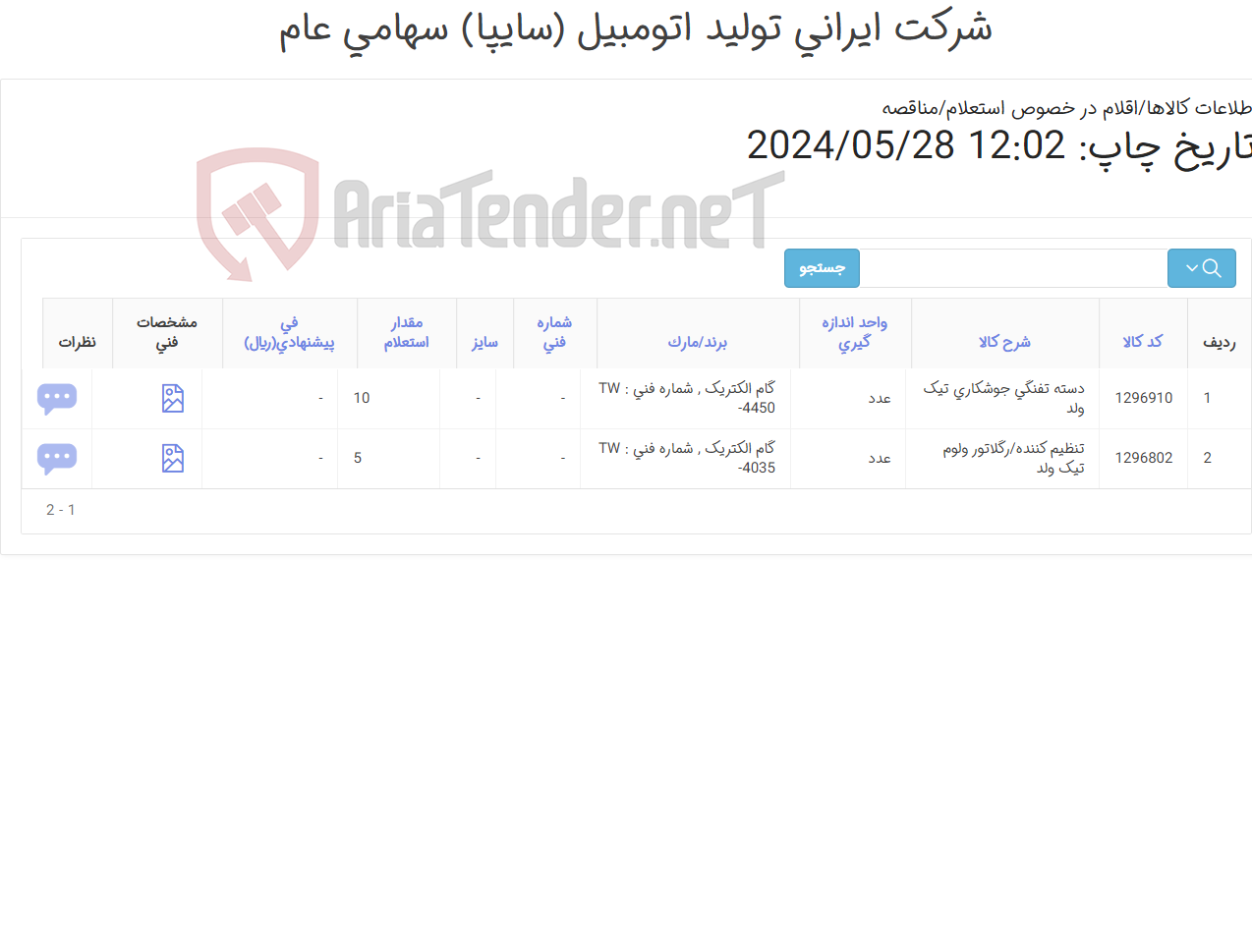 تصویر کوچک آگهی تامین دو ردیف تنظیم کننده/رگلاتور ‏ و دسته ‎تفنگی‏ ‎جوشکاری‏