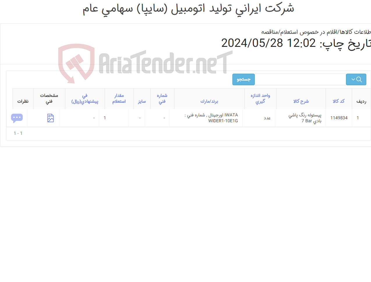 تصویر کوچک آگهی تامین یک ردیف پیستوله ‎رنگ پاشی‏ ‎بادی‏ ‎