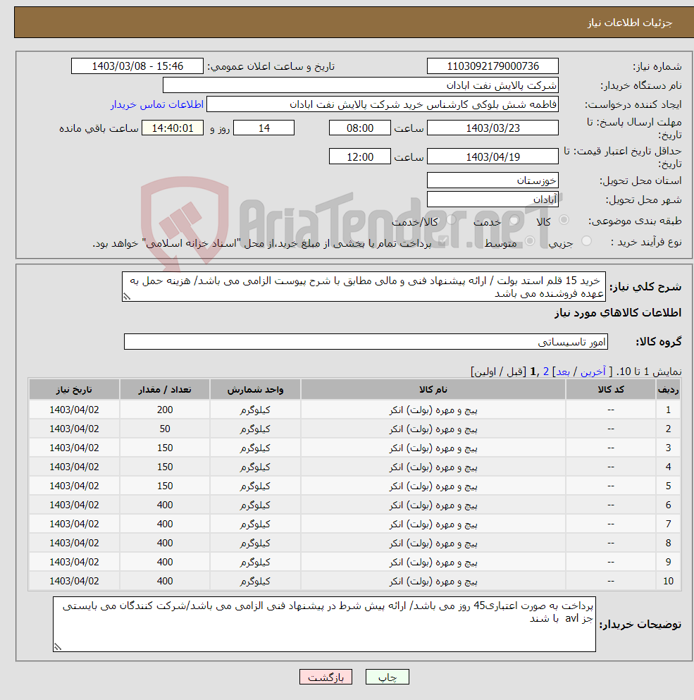 تصویر کوچک آگهی نیاز انتخاب تامین کننده- خرید 15 قلم استد بولت / ارائه پیشنهاد فنی و مالی مطابق با شرح پیوست الزامی می باشد/ هزینه حمل به عهده فروشنده می باشد