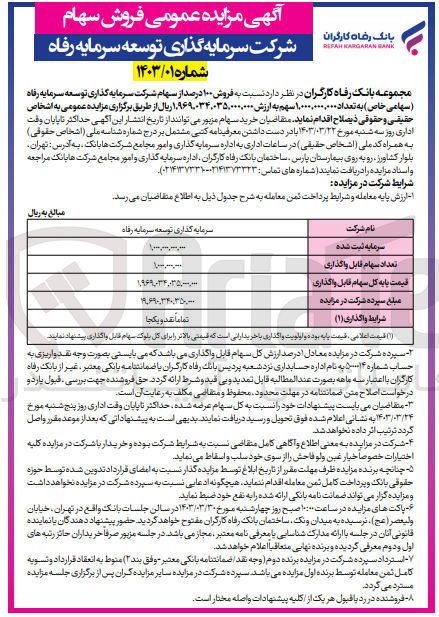 تصویر کوچک آگهی  فروش ۱۰۰ درصد از سهام شرکت سرمایه گذاری توسعه سرمایه رفاه (سهامی خاص)