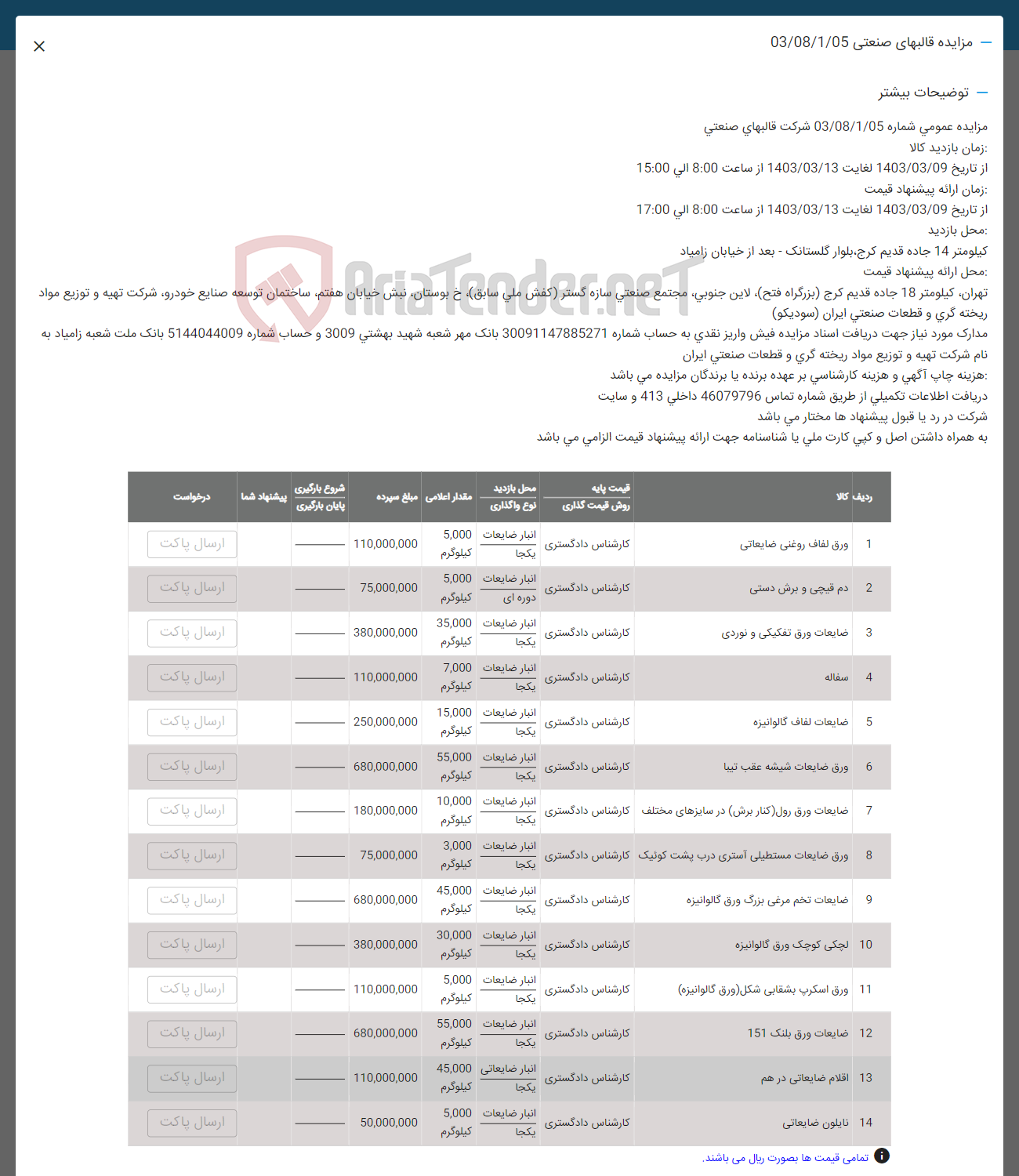 تصویر کوچک آگهی فروش اقلام در14 ردیف شامل: ورق لفاف- دک قیچی بردستی -ضایعات ورق تفکیکی نوردی -سفاله -ورزق ضایعات شیشه - لچکی- ورق اسکرپ -نایلون و ....