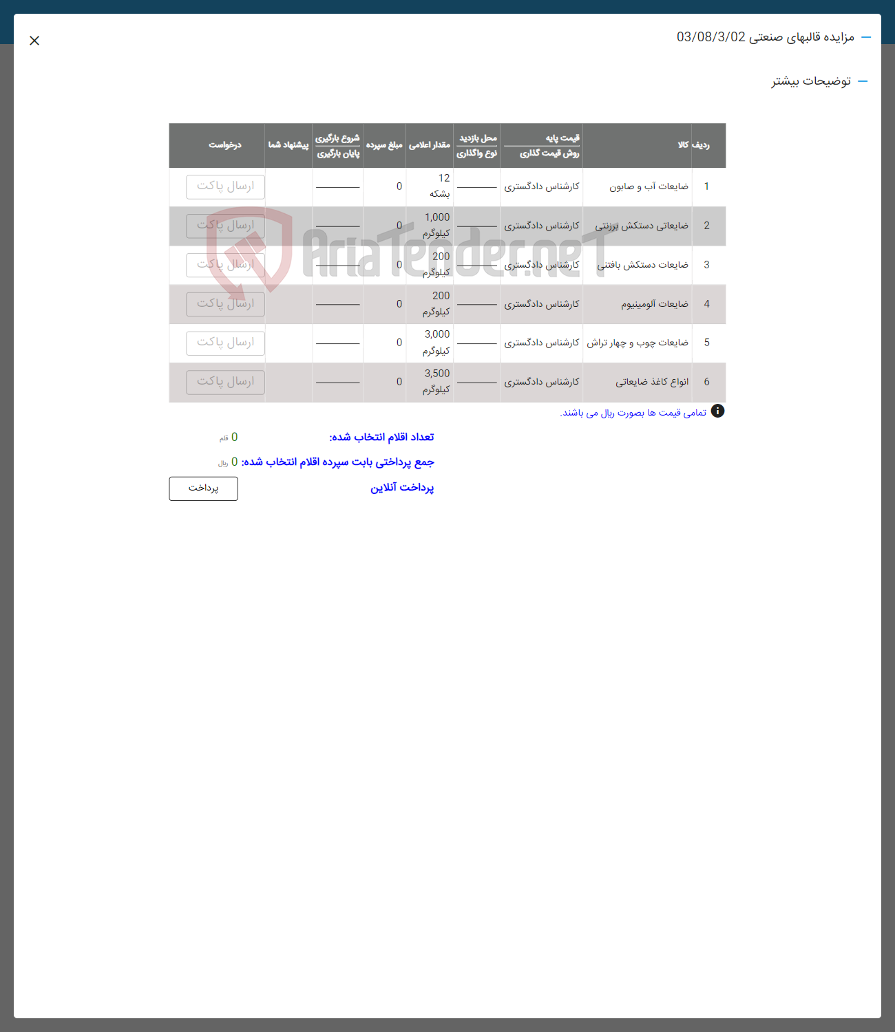 تصویر کوچک آگهی فروش اقلام در 6ردیف شامل : ضایعات آب و صابون
ضایعات دستکش برزنتی -ضایعات بافتنی -ضایعات آلومینیوم -چوب و چهار تراش - ماغذ ضایعاتی