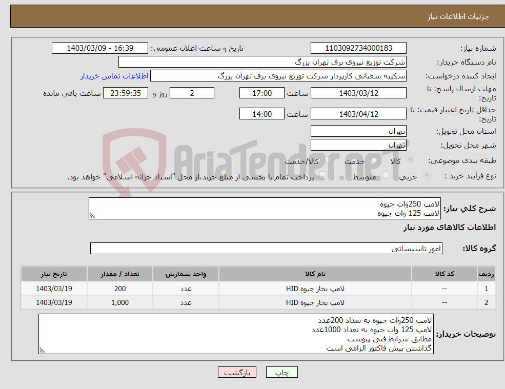 تصویر کوچک آگهی نیاز انتخاب تامین کننده-لامپ 250وات جیوه لامپ 125 وات جیوه