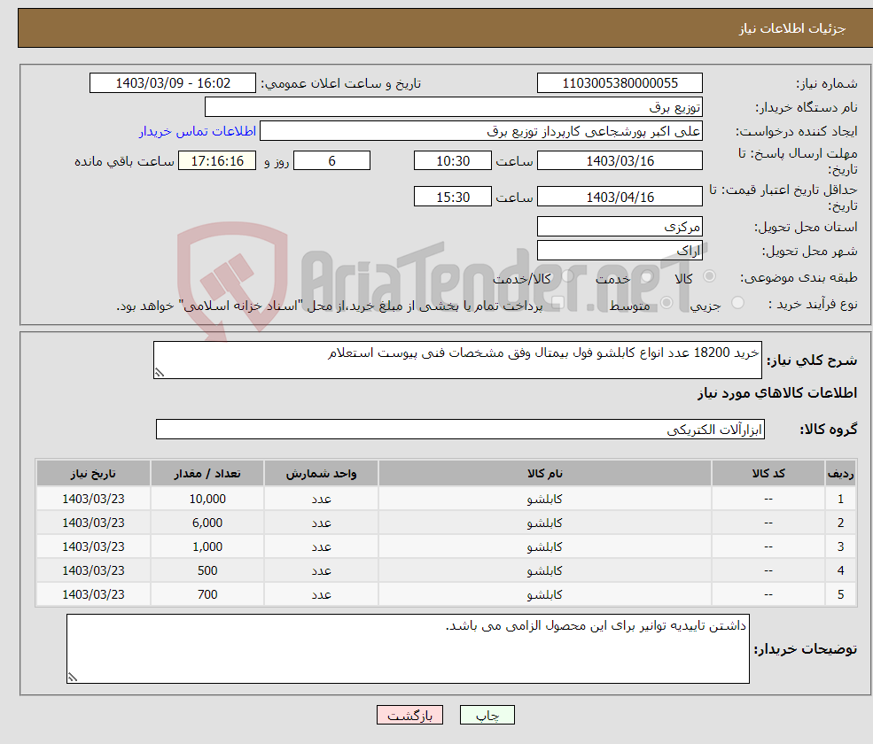 تصویر کوچک آگهی نیاز انتخاب تامین کننده-خرید 18200 عدد انواع کابلشو فول بیمتال وفق مشخصات فنی پیوست استعلام 