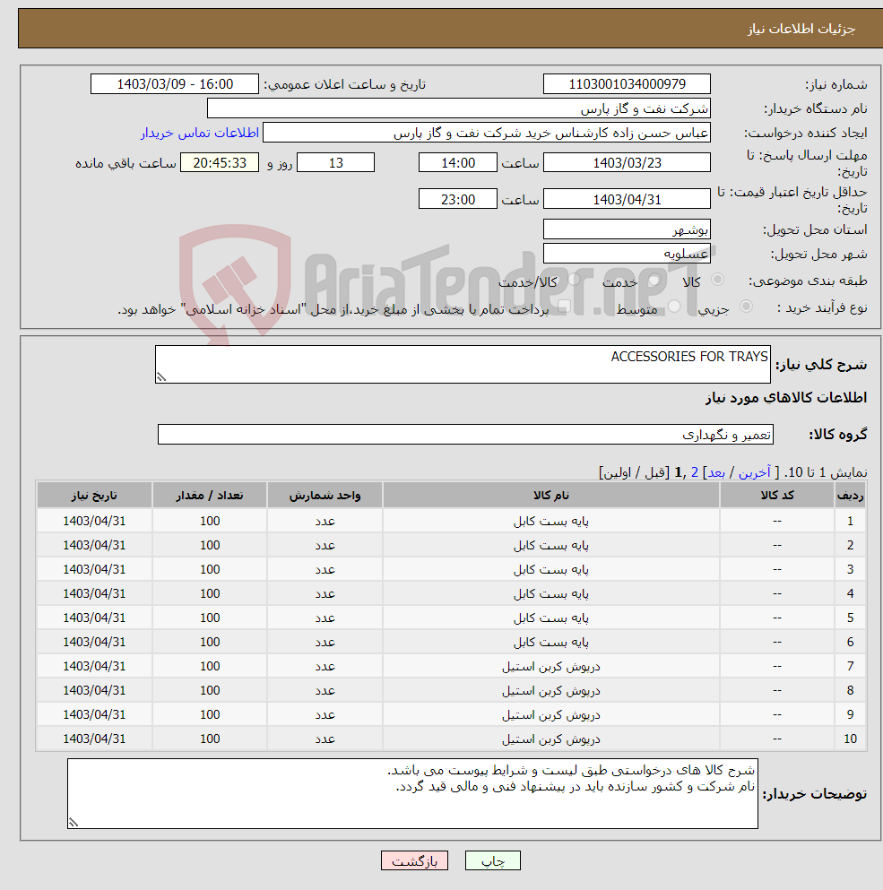 تصویر کوچک آگهی نیاز انتخاب تامین کننده-ACCESSORIES FOR TRAYS