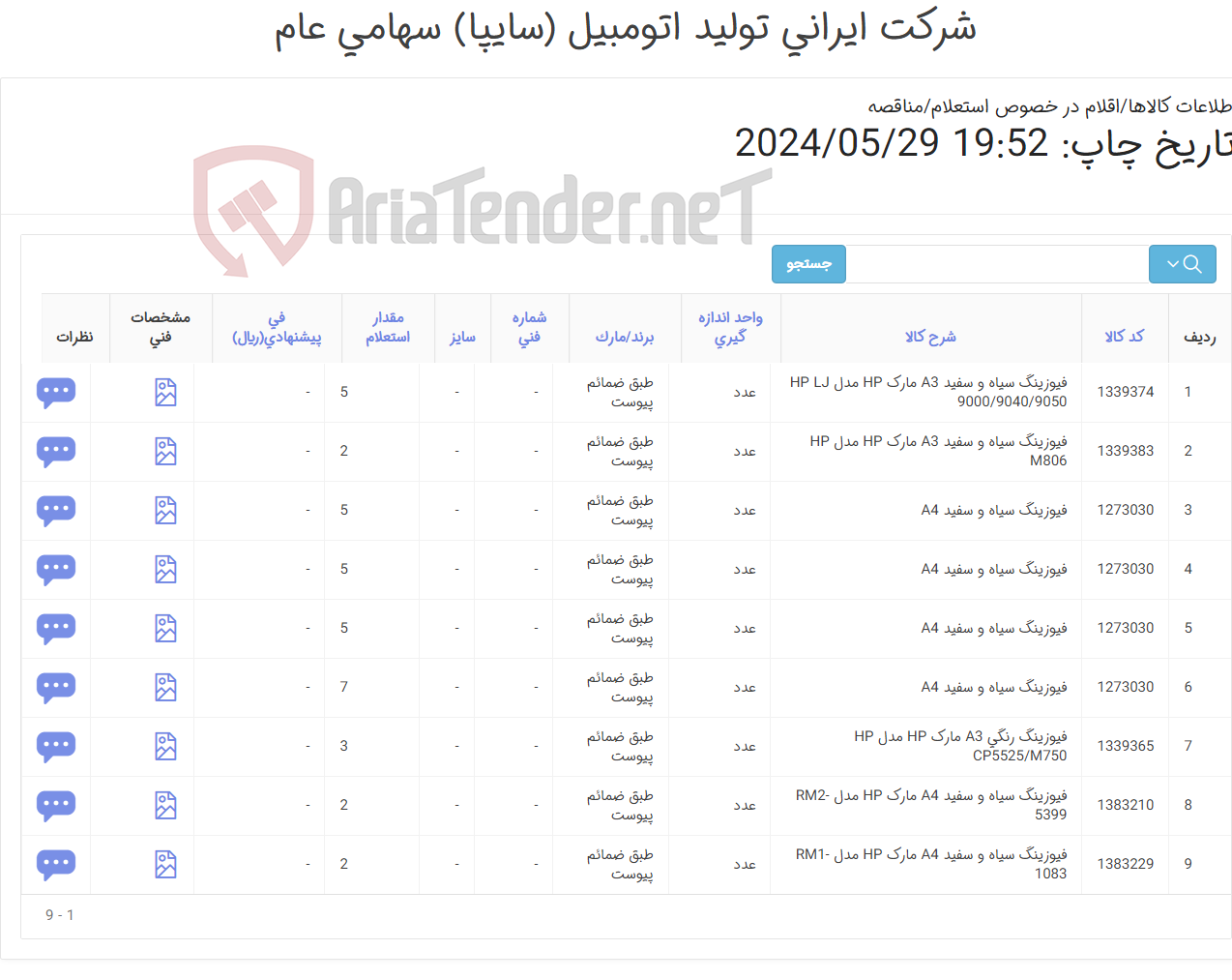 تصویر کوچک آگهی 9آیتم فیوزینگ (طبق ضمائم پیوست) گارانتی یکساله/ارسال نمونه قبل از ارسال الزامی است