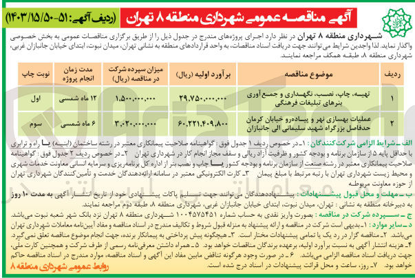 تصویر کوچک آگهی عملیات بهسازی نهر و پیاده رو خیابان کرمان حدفاصل بزرگراه شهید سلیمانی الی جانبازان 