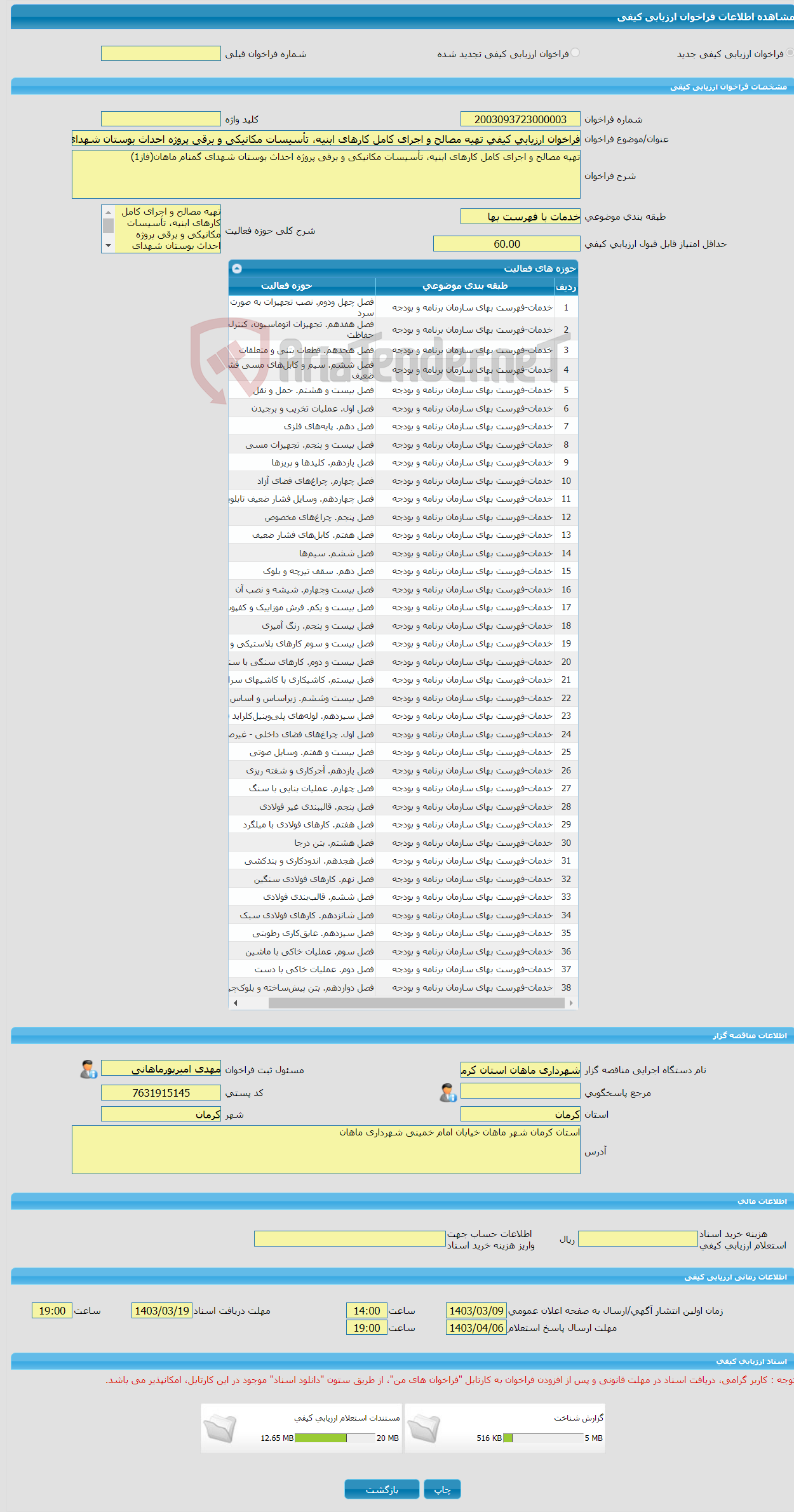 تصویر کوچک آگهی فراخوان ارزیابی کیفی تهیه مصالح و اجرای کامل کارهای ابنیه، تأسیسات مکانیکی و برقی پروژه احداث بوستان شهدای گمنام ماهان(فاز1)