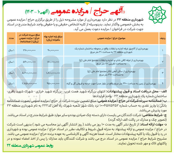 تصویر کوچک آگهی  بهره برداری از موارد :
1- بهره برداری از آلاچیق غرفه اغذیه و تنقلات واقع در محوطه ساختمان شماره یک شهرداری منطقه ۲۲ به مساحت ۳۰ متر مربع
2- بهره برداری از غرفه کافی شاپ و اغذیه و تنقلات مجتمع امام علی (ع) به مساحت تقریبی ۱۱۰ متر مربع
3- بهره برداری از سالن آمفی تئاتر مجتمع امام علی (ع) به مساحت ۲۷۰ متر مربع
4- بهره برداری از زمین به مساحت ۳۶۰ متر مربع واقع در بلوار صدرا جهت عرضه و فروش گل و گیاه