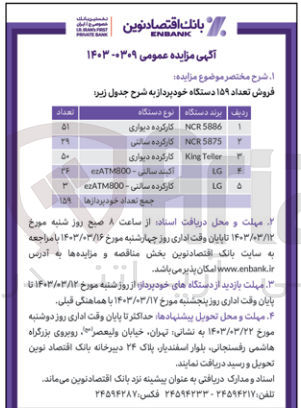 تصویر کوچک آگهی فروش تعداد 159 دستگاه خودپرداز 