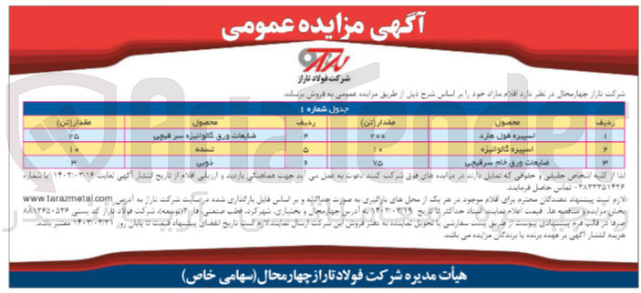 تصویر کوچک آگهی فروش اقلام مازاد در 3 ردیف شامل اسپیره فول هارد - اسپیره گالوانیزه - ضایعات ورق خام سر قیچی
