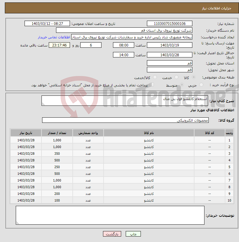 تصویر کوچک آگهی نیاز انتخاب تامین کننده-استعلام کابلشو فول بی متال 