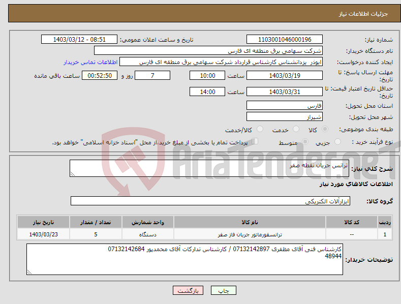 تصویر کوچک آگهی نیاز انتخاب تامین کننده-ترانس جریان نقطه صفر