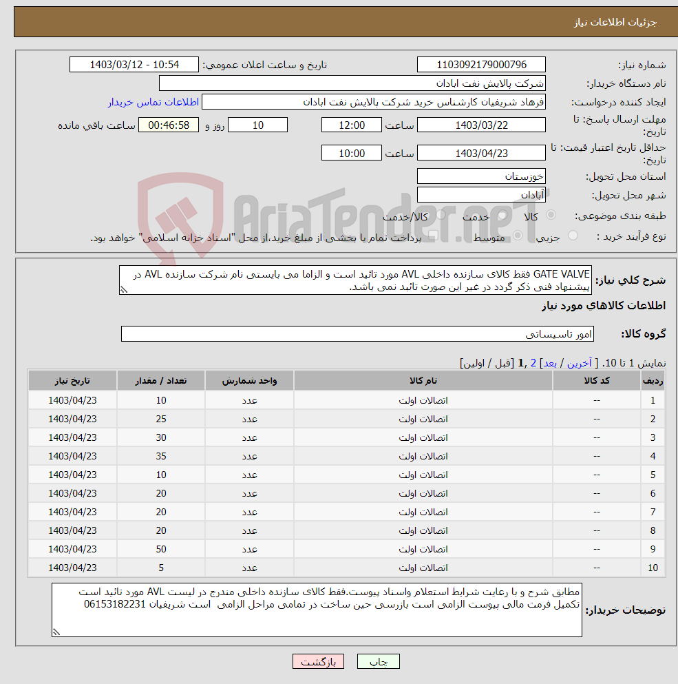 تصویر کوچک آگهی نیاز انتخاب تامین کننده-GATE VALVE فقط کالای سازنده داخلی AVL مورد تائید است و الزاما می بایستی نام شرکت سازنده AVL در پیشنهاد فنی ذکر گردد در غیر این صورت تائبد نمی باشد.