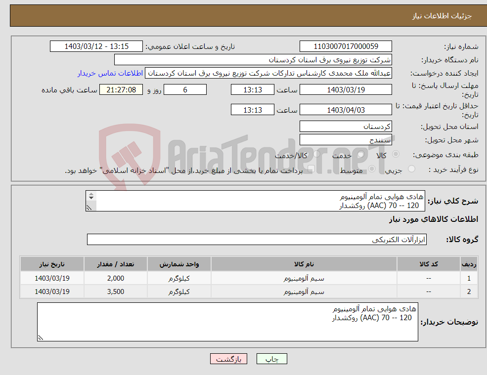 تصویر کوچک آگهی نیاز انتخاب تامین کننده-هادی هوایی تمام آلومینیوم 120 -- 70 (AAC) روکشدار 