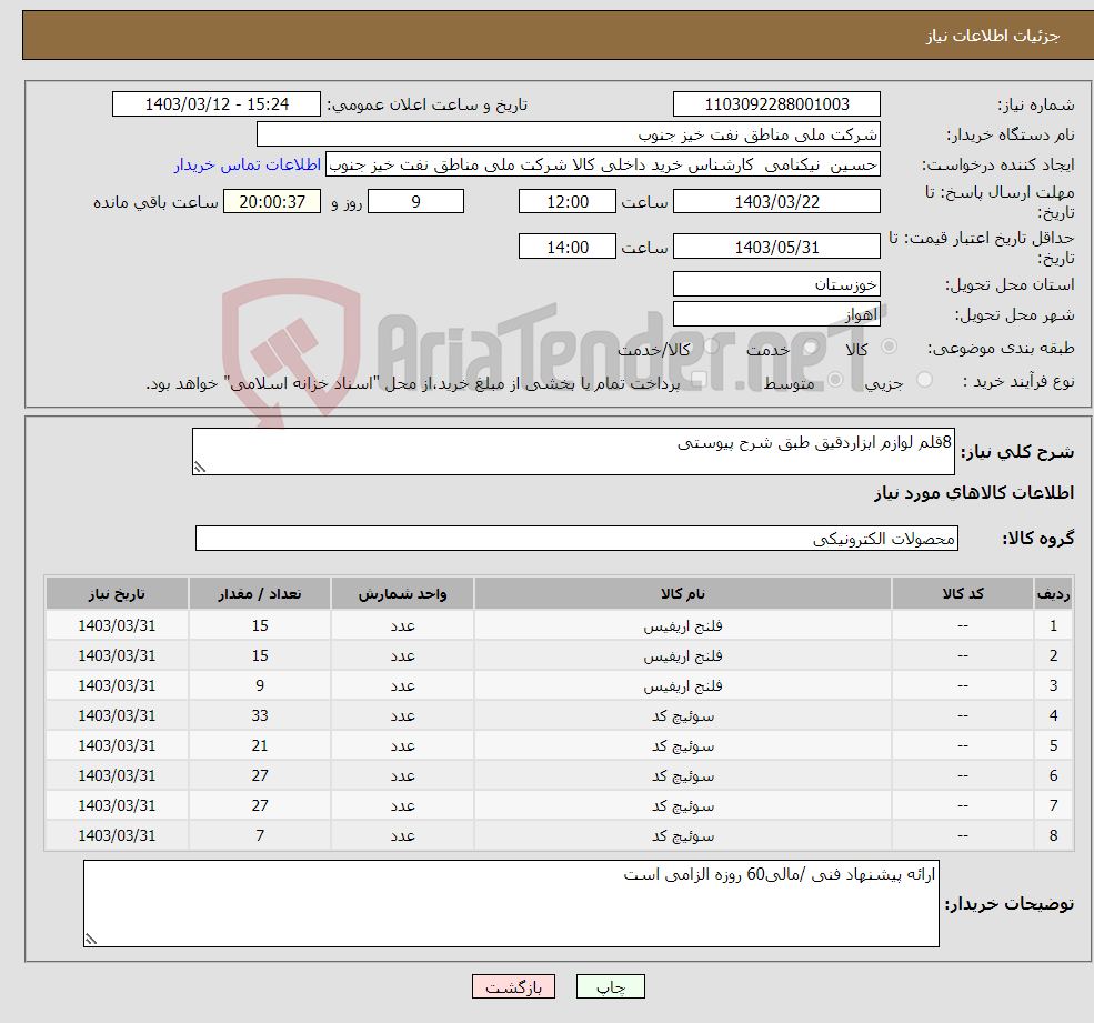 تصویر کوچک آگهی نیاز انتخاب تامین کننده-8قلم لوازم ابزاردقیق طبق شرح پیوستی