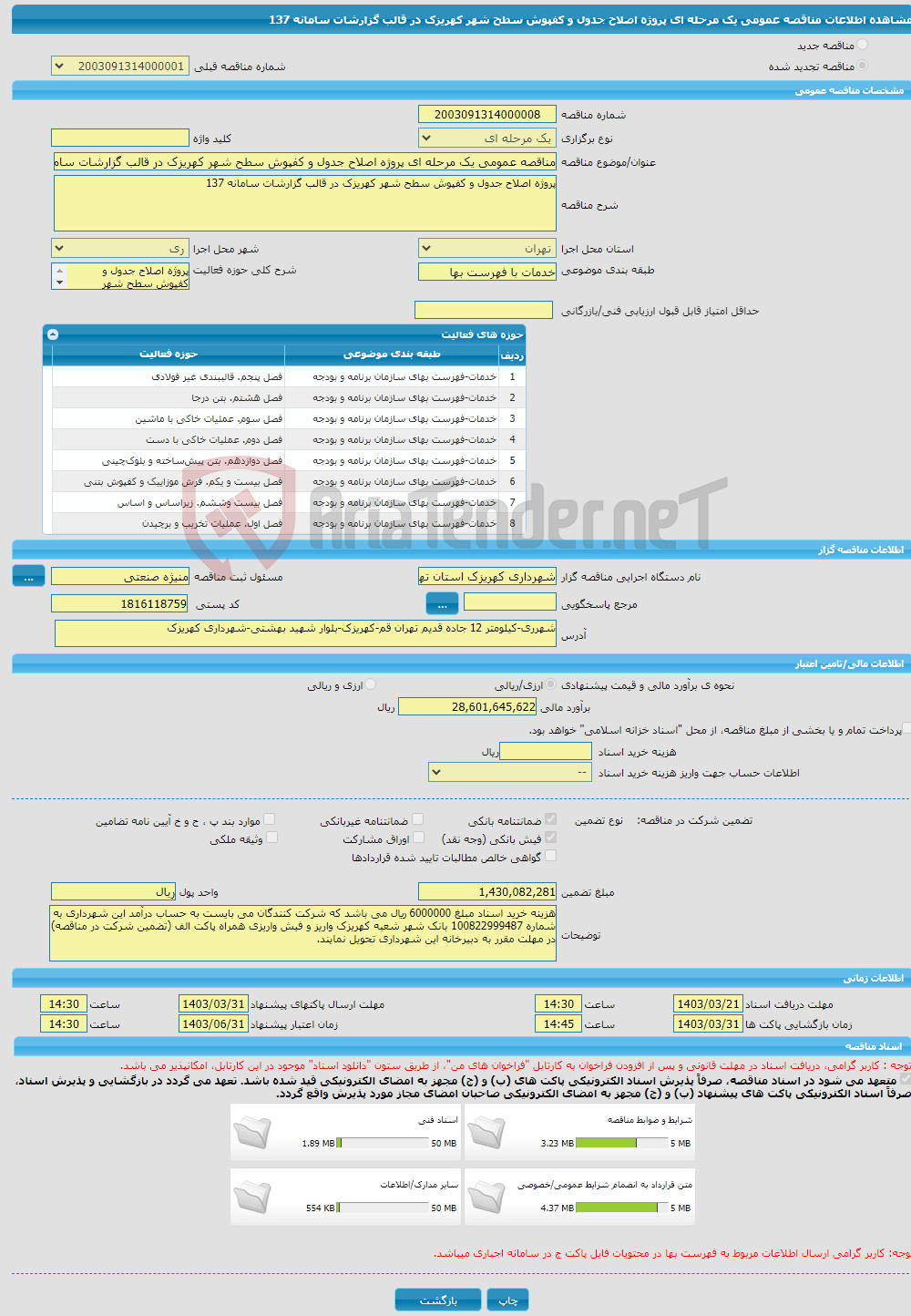 تصویر کوچک آگهی مناقصه عمومی یک مرحله ای پروژه اصلاح جدول و کفپوش سطح شهر کهریزک در قالب گزارشات سامانه 137