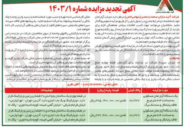 تصویر کوچک آگهی واگذاری دو باب آپارتمان مسکونی به مساحت 204 متر مربع 