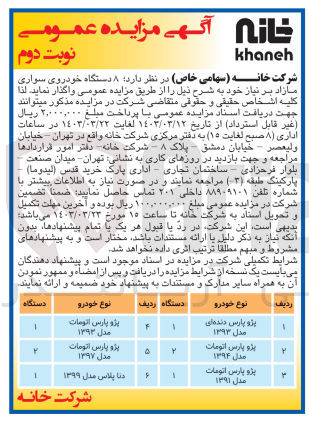تصویر کوچک آگهی واگذاری 8 دستگاه خودروی سواری مازاد شامل پژو پارس دنده ای - پژو پارس اتومات - دنا پلاس
