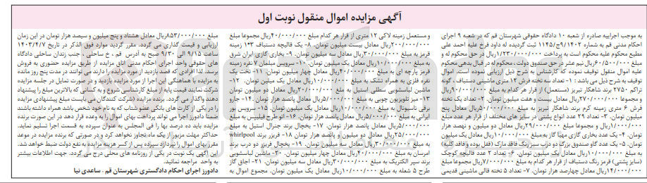تصویر کوچک آگهی کلاسه 1145/9/1402 : فروش تعداد سه تخته فرش 12 متری ماشینی دستباف و ...