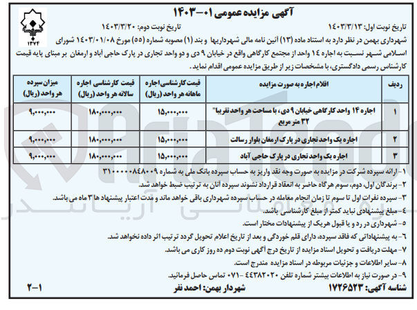 تصویر کوچک آگهی اجاره املاک کارگاهی و تجاری