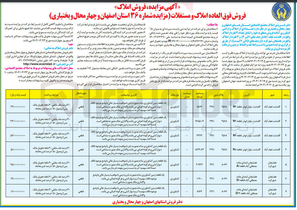 تصویر کوچک آگهی فروش تعدادی از املاک و اراضی کشاورزی 