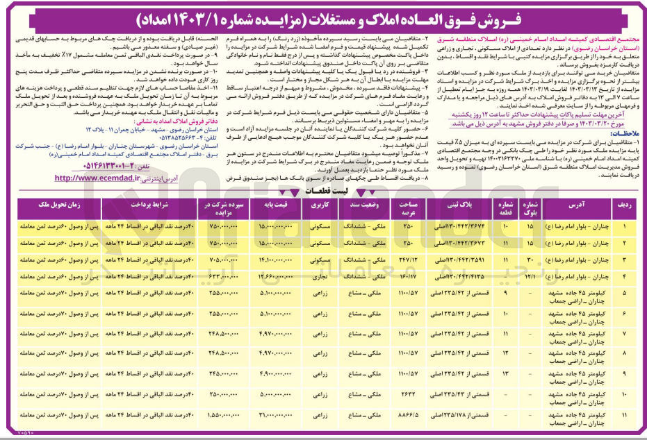 تصویر کوچک آگهی فروش فوق العاده تعدادی از املاک دارای کاربری مسکونی تجاری و زراعی 