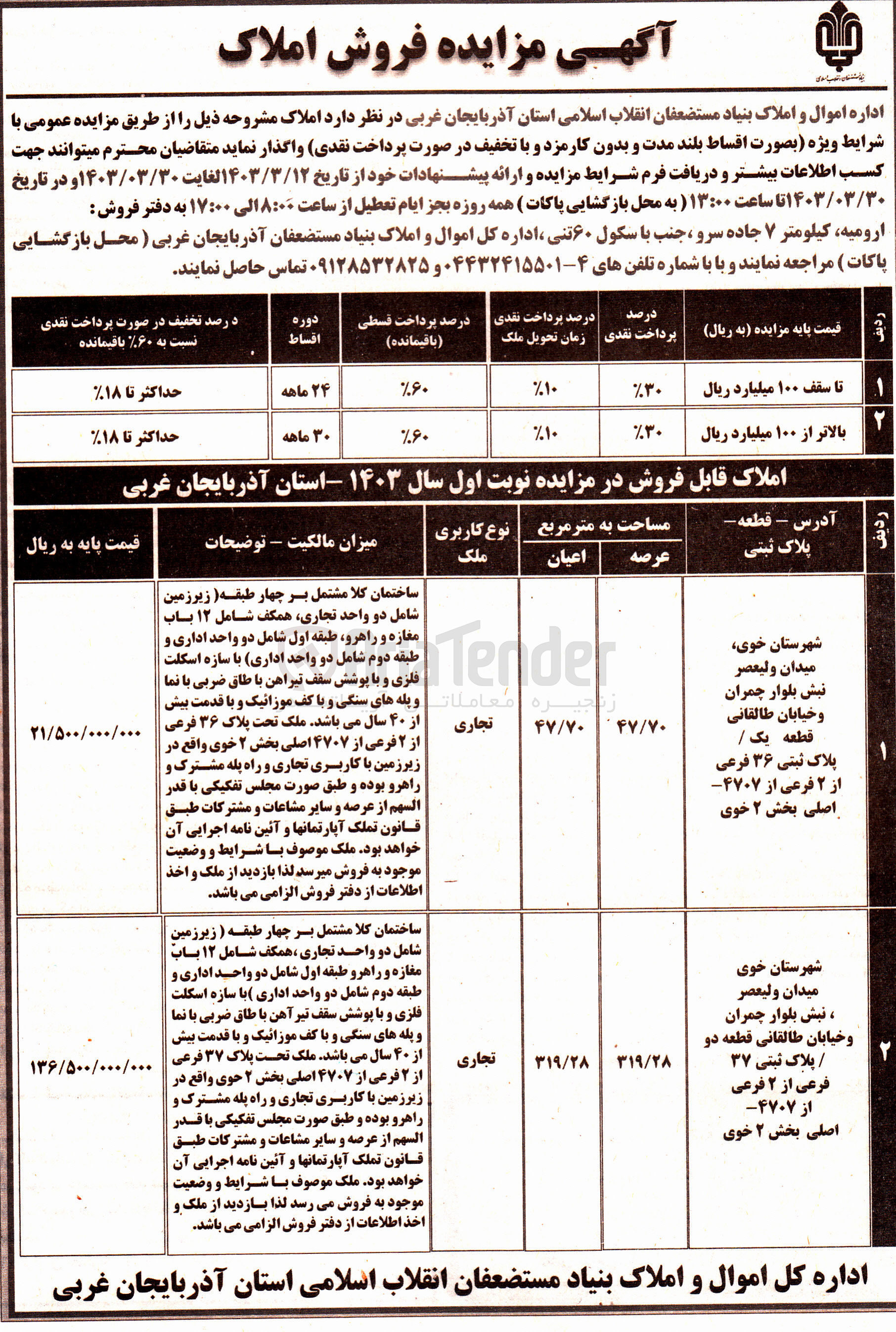 تصویر کوچک آگهی فروش املاک در 2 ردیف باکاربری تجاری