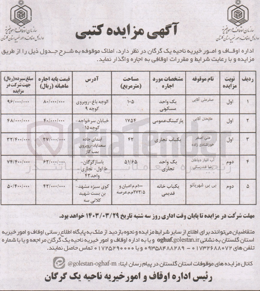 تصویر کوچک آگهی اجاره املاک موقوفه در 5 ردیف با کاربری واحد مسکونی - پارکینگ عمومی - تجاری - خانه قدیمی