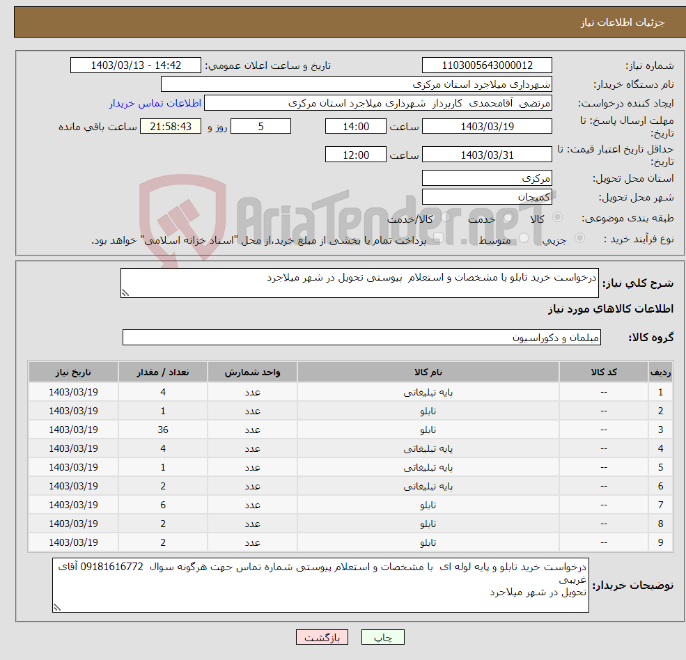 تصویر کوچک آگهی نیاز انتخاب تامین کننده-درخواست خرید تابلو با مشخصات و استعلام پیوستی تحویل در شهر میلاجرد