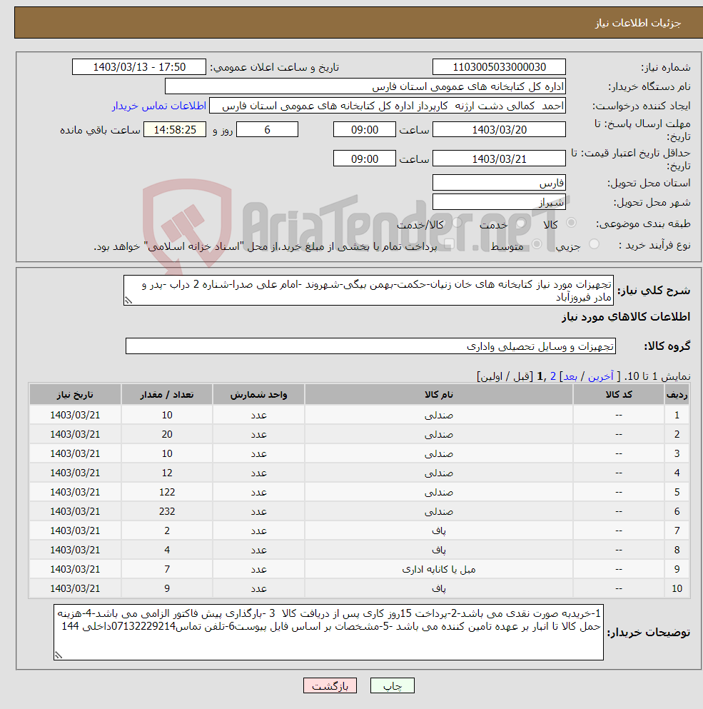 تصویر کوچک آگهی نیاز انتخاب تامین کننده-تجهیزات مورد نیاز کتابخانه های خان زنیان-حکمت-بهمن بیگی-شهروند -امام علی صدرا-شناره 2 دراب -پدر و مادر فیروزآباد