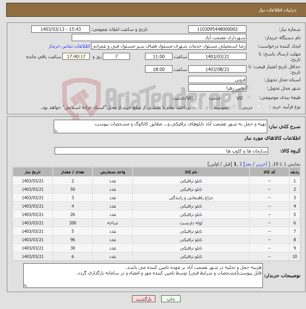 تصویر کوچک آگهی نیاز انتخاب تامین کننده-تهیه و حمل به شهر عصمت آباد تابلوهای ترافیکی و... مطابق کاتالوگ و مشخصات پیوست