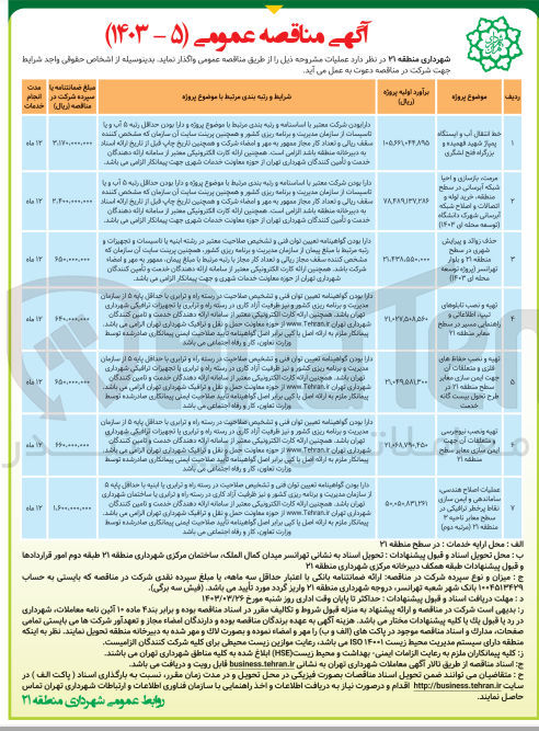تصویر کوچک آگهی عملیات اصلاح هندسی ساماندهی و ایمن سازی نقاط پرخطر ترافیکی در سطح معابر ناحیه ۲ منطقه 21 