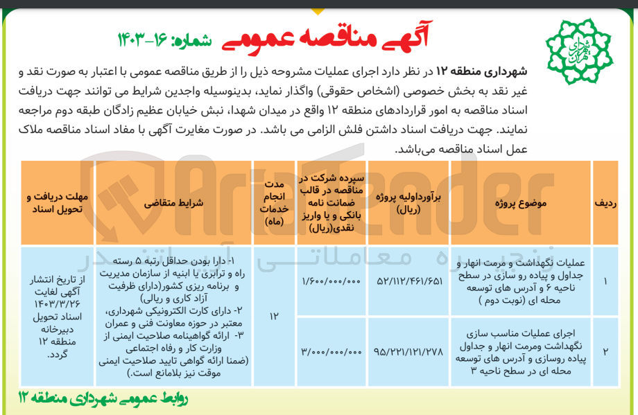 تصویر کوچک آگهی عملیات نگهداشت و مرمت انهار و جداول و پیاده رو سازی در سطح ناحیه ۶ و آدرس های توسعه محله ای