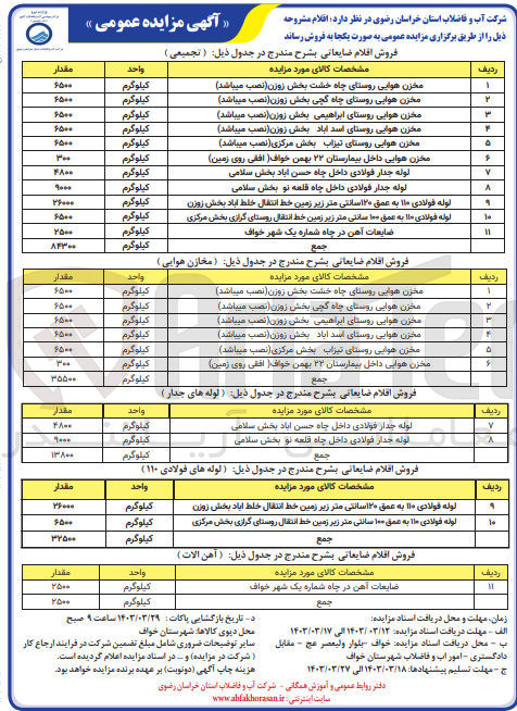 تصویر کوچک آگهی فروش اقلام ضایعاتی :
تجمیعی - مخازن هوایی - لوله های جدار - لوله های فولادی 110 - آهن آلات