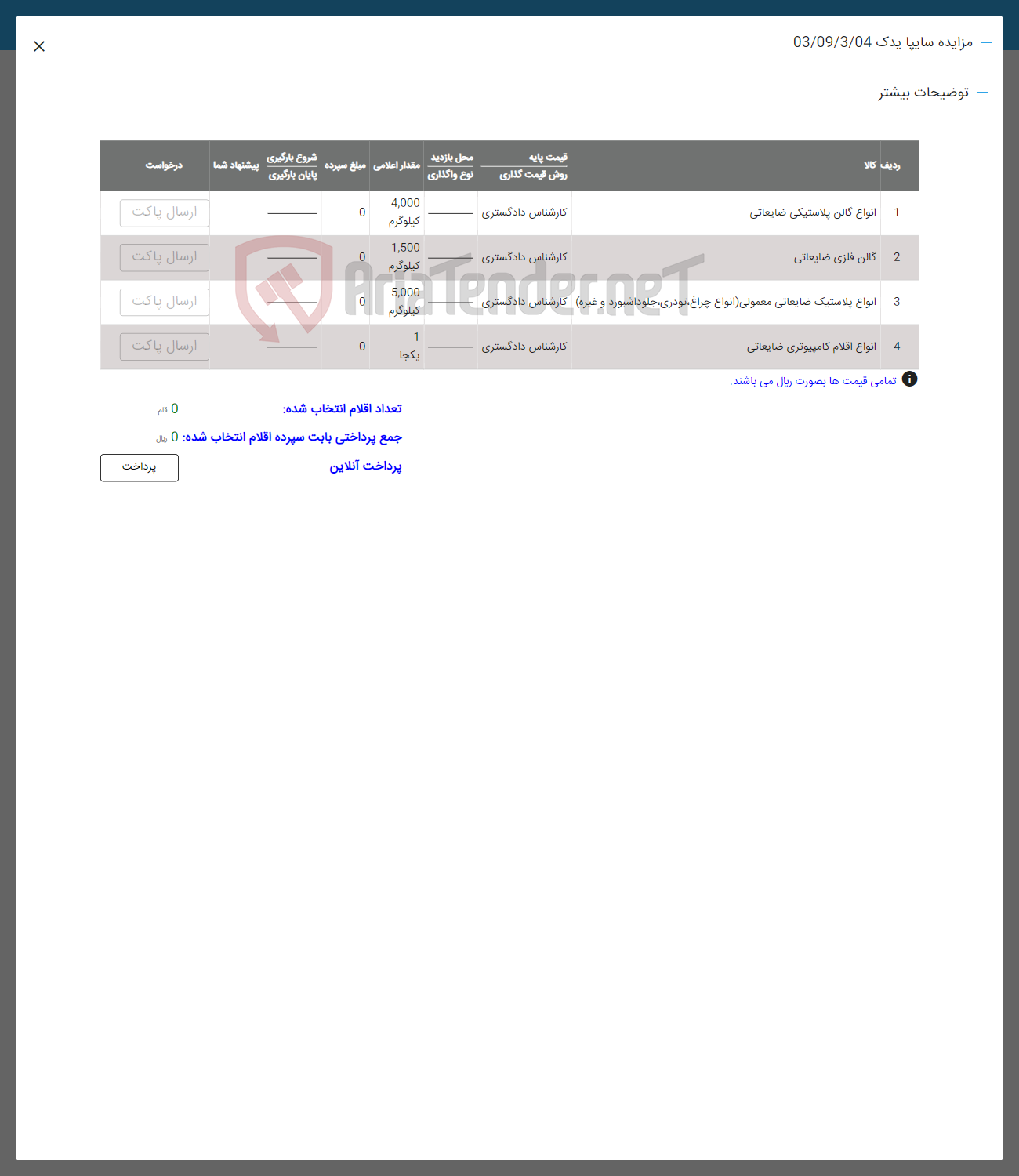 تصویر کوچک آگهی فروش اقلام در 4 ردیف شامل:انواع گالن پلاستیک ضایعاتی -گالن فلزی -انواع پلاستیک-انواع اقلام کامپیوتری ضایعاتی 