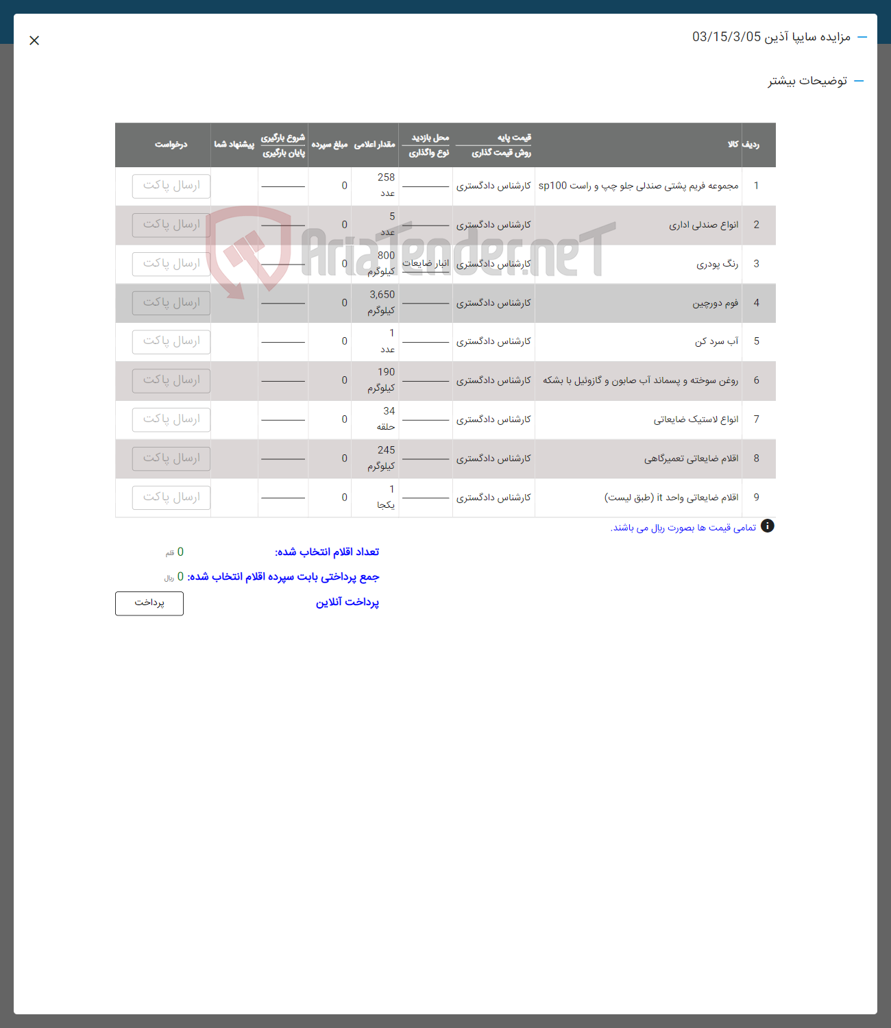 تصویر کوچک آگهی فروش اقلام در 9 ردیف :مجموعه فریم پشتی صندلی -رنگ پودری-انواع صندلی اداری -فوم موچین-آب سردکن-روغن سوخته-اقلام ضایعاتی و ......