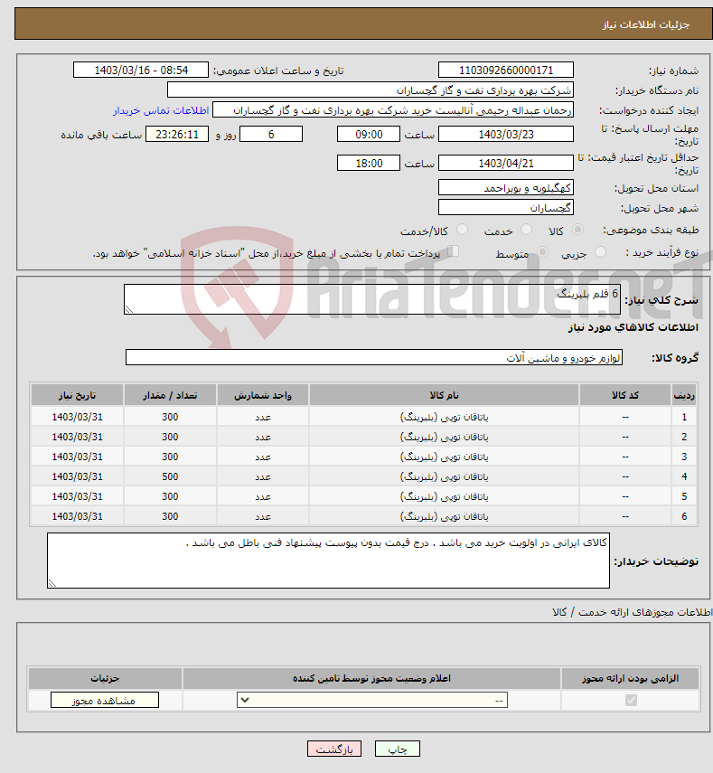 تصویر کوچک آگهی نیاز انتخاب تامین کننده-6 قلم بلبرینگ