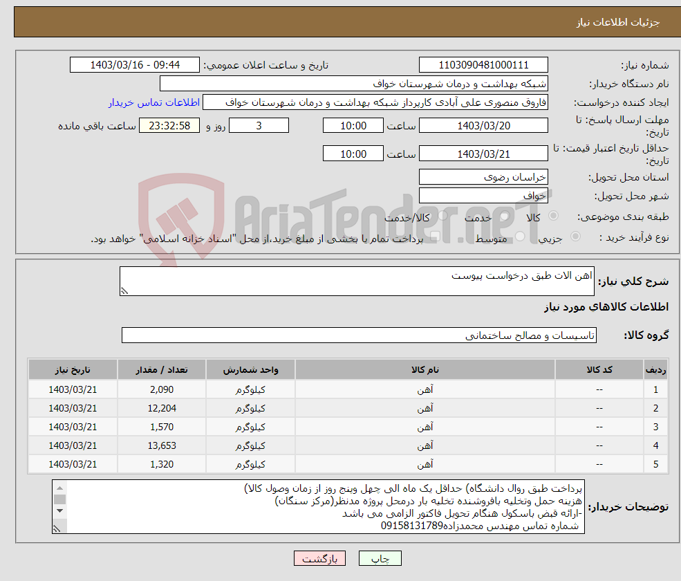 تصویر کوچک آگهی نیاز انتخاب تامین کننده-اهن الات طبق درخواست پیوست
