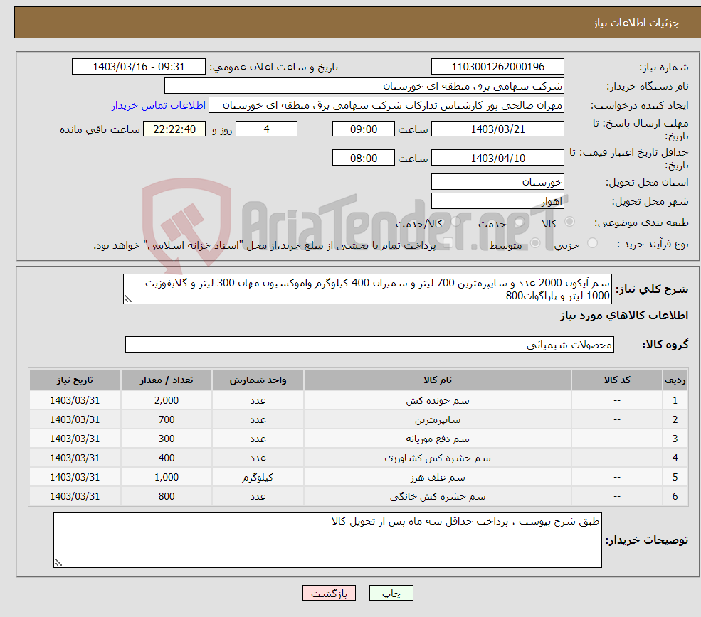 تصویر کوچک آگهی نیاز انتخاب تامین کننده-سم آیکون 2000 عدد و سایپرمترین 700 لیتر و سمیران 400 کیلوگرم واموکسیون مهان 300 لیتر و گلایفوزیت 1000 لیتر و پاراگوات800
