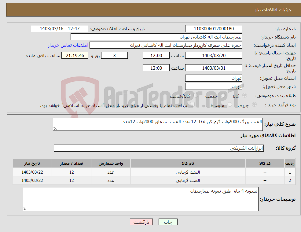 تصویر کوچک آگهی نیاز انتخاب تامین کننده-المنت بزرگ 2000وات گرم کن غذا 12 عدد المنت سماور 2000وات 12عدد