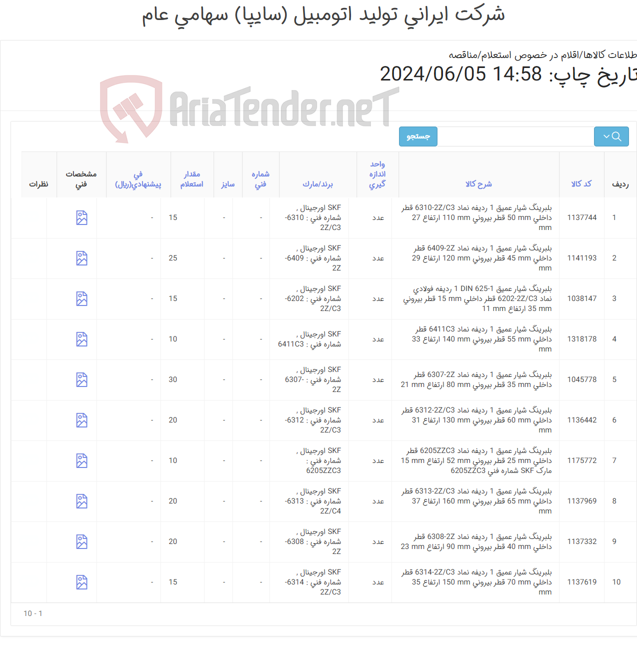 تصویر کوچک آگهی تامین ده ردیف بلبرینگ های ‎شیار عمیق