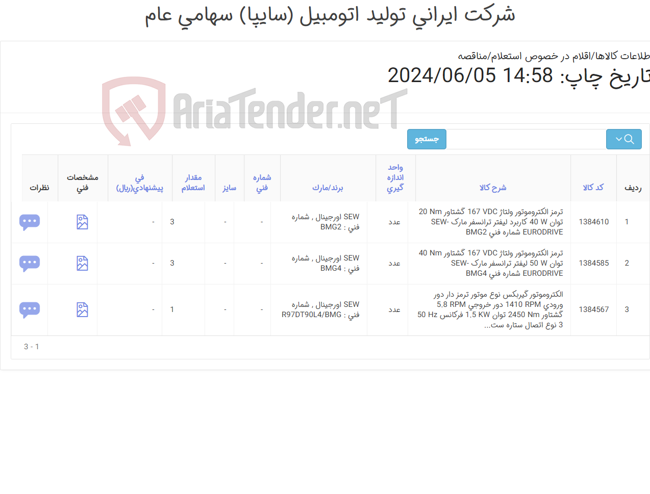 تصویر کوچک آگهی تامین سه ردیف الکتروموتورهای گیربکس